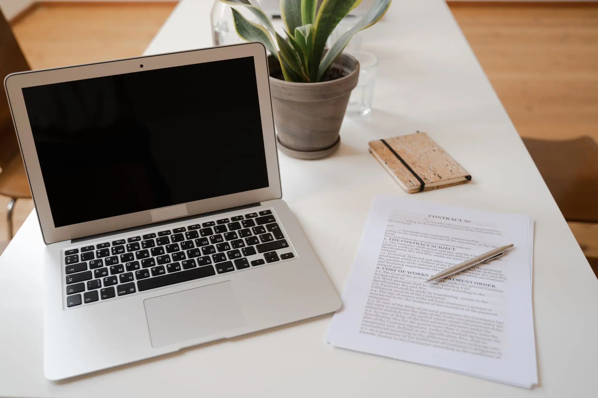 Laptop, potted plant and a printed business document with a pen on a white desk, ready for a business records check